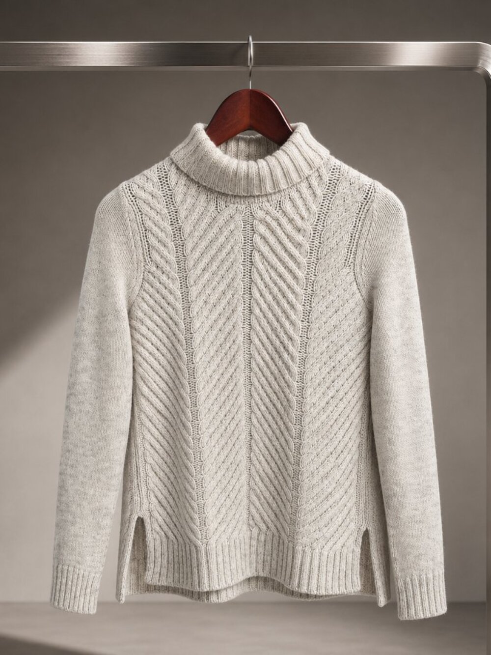 Vince Chevron Cable Knit Turtleneck Sweater Heather Oatmeal Side Slits XXS